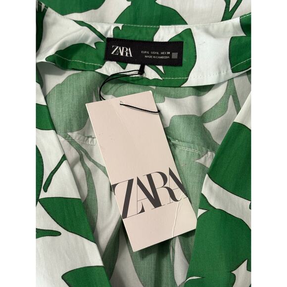 NWT Zara Floral Printed Midi Shirt Dress Women's L Cotton Green White Tropical - Picture 10 of 12